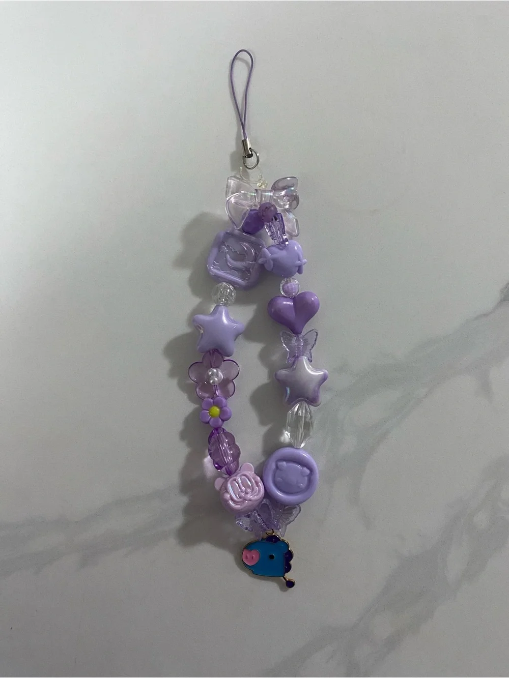 Purple Beaded Phone Charm Strap with Cute Animal Accent